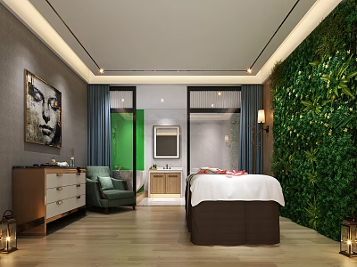 Modern SPA Room Design With Massage Bed Green Plant Wall Comfortable Chair And Gray Wall 3d model