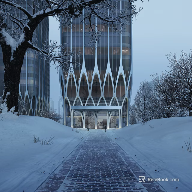 Modern Office Building Exterior With Curved Glass Facade Snowy Surroundings Trees And Pathway 3d model 