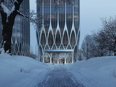 Modern Office Building Exterior With Curved Glass Facade Snowy Surroundings Trees And Pathway 3d model