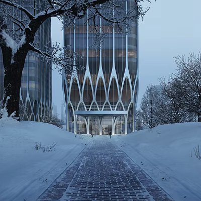 Modern Office Building Exterior With Curved Glass Facade Snowy Surroundings Trees And Pathway 3d model
