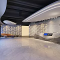 Modern Office Reception Area With Curved Ceiling Geometric Pattern Wall And Marble Floor 3d model