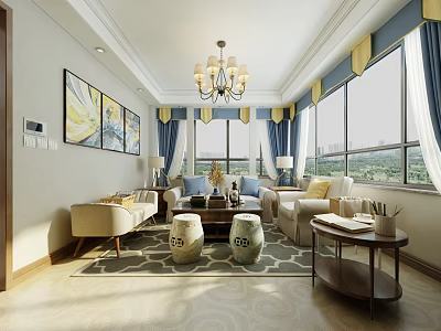 Elegant Living Room Interior With Chandelier Large Windows Blue Curtains Sofa And Coffee Table 3d model