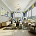 Elegant Living Room Interior With Chandelier Large Windows Blue Curtains Sofa And Coffee Table