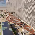 Modern Urban Building Exterior With Glass Facade Pedestrians And Green Car In Plaza
