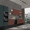Modern Kitchen Interior With Green Orange Cabinets Built In Ovens And Mountain View