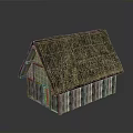 Traditional Cottage Structure With Thatch Roof And Wooden Striped Walls