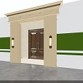 Classic Entrance Gate Featuring Wooden Door Stone Frame And Wall Lamps