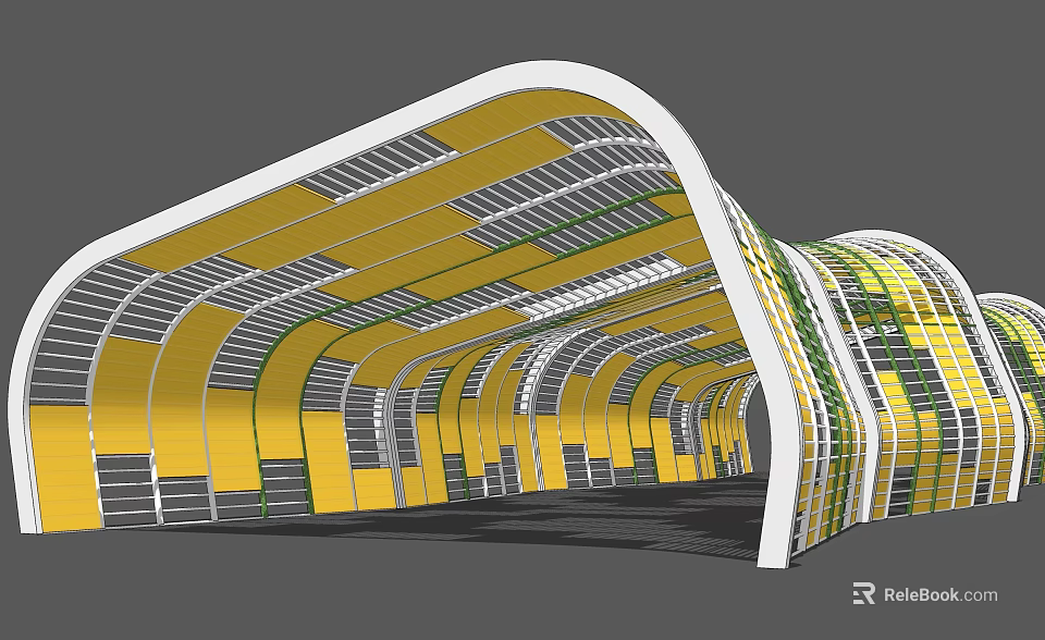 Modern Curved Pergola Design With Yellow White Grid Structure And Architectural Elements 3d model 