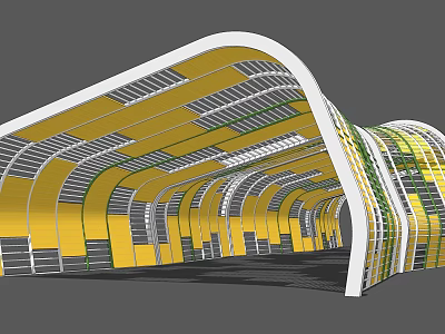Modern Curved Pergola Design With Yellow White Grid Structure And Architectural Elements 3d model
