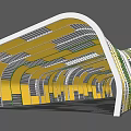 Modern Curved Pergola Design With Yellow White Grid Structure And Architectural Elements