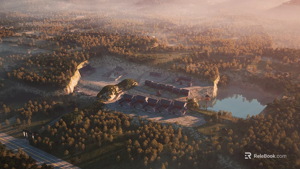 Aerial View Of Ancient Buildings Surrounded By Forests Lake And Mountainous Landscape 3d model 