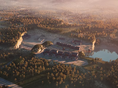 Aerial View Of Ancient Buildings Surrounded By Forests Lake And Mountainous Landscape 3d model