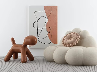 Beige Cloud Shaped Single Sofa With Brown Dog Figurine And Abstract Wall Painting 3d model