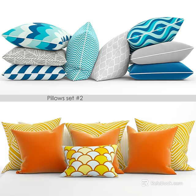Decorative Pillows Set with Blue Gray White Orange Yellow Wave Stripe Geometric Scallop Patterns 3d model 