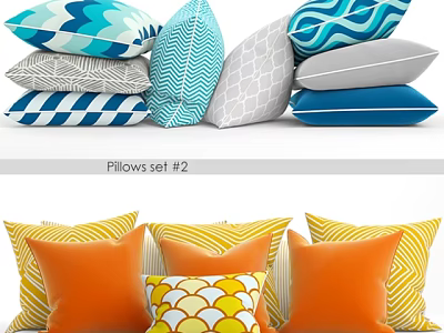 Decorative Pillows Set with Blue Gray White Orange Yellow Wave Stripe Geometric Scallop Patterns 3d model