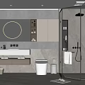 Modern Bathroom Interior Design With Round Mirror Double Sink Vanity Glass Shower And Marble Walls