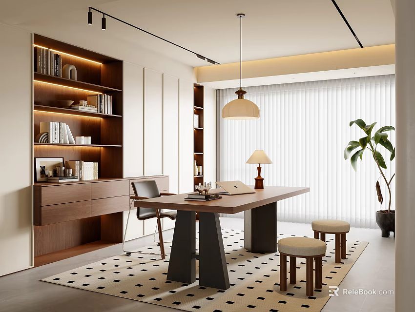 Modern Study Room Interior With Built in Bookshelves Wooden Desk Pendant Lamp And Potted Plant 3d model 