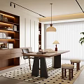 Modern Study Room Interior With Built in Bookshelves Wooden Desk Pendant Lamp And Potted Plant