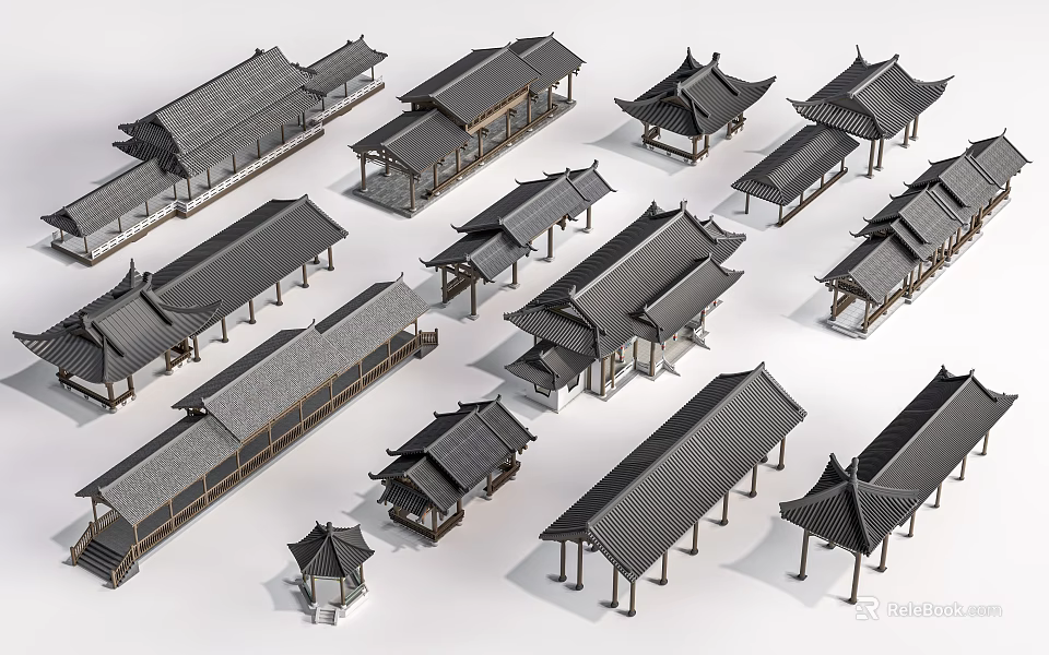 Traditional Chinese Roofed Corridors with Multiple Classical Designs and Wooden Structures 3d model