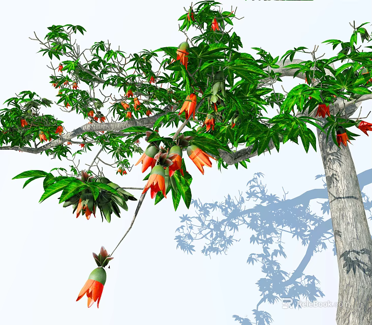 Lush Arbor With Green Leaves Orange Flowers And Thick Trunk 3d model 