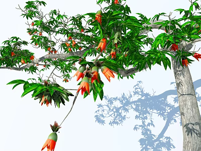Lush Arbor With Green Leaves Orange Flowers And Thick Trunk 3d model
