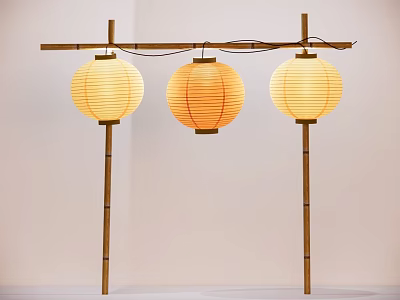 Three Yellow Paper Lanterns Hanging On Bamboo Stands Against White Background 3d model
