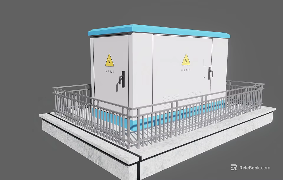 White And Blue Electrical Cabinet With Yellow Warning Signs And Metal Railing On Concrete Platform 3d model 