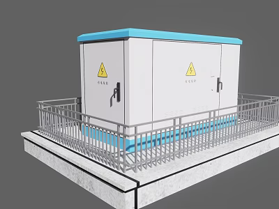 White And Blue Electrical Cabinet With Yellow Warning Signs And Metal Railing On Concrete Platform 3d model