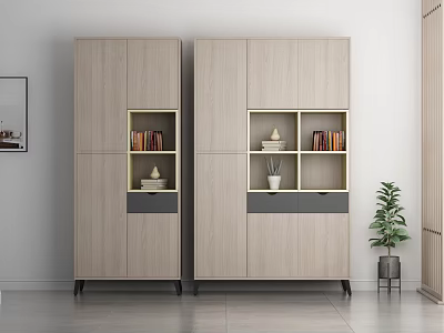 Modern Light Wood Double Bookcase With Open Shelves Books Decorative Items And Potted Plant 3d model