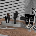 Perfume Cosmetics Display with Makeup Brushes Lotion Tubes and Jewelry on Wooden Vanity Tray