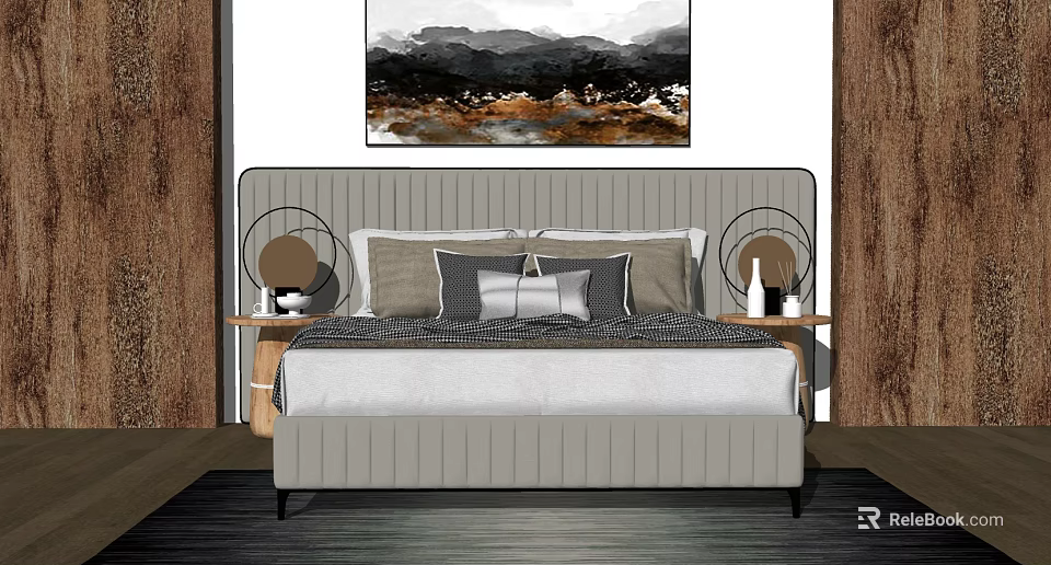 Modern Upholstered Double Bed with Striped Headboard Bedside Tables and Abstract Painting 3d model 