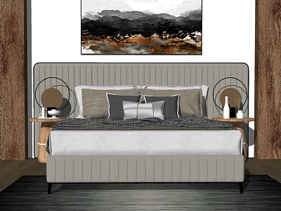 Modern Upholstered Double Bed with Striped Headboard Bedside Tables and Abstract Painting 3d model