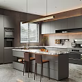 Modern Kitchen Interior With Island Countertop Dark Cabinets And Pendant Lights