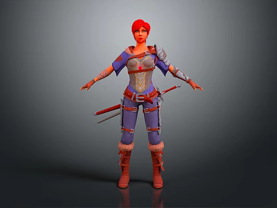 Game Movie Warrior Character Red Hair Purple Blue Outfit Silver Armor Dual Swords Brown Boots 3d model