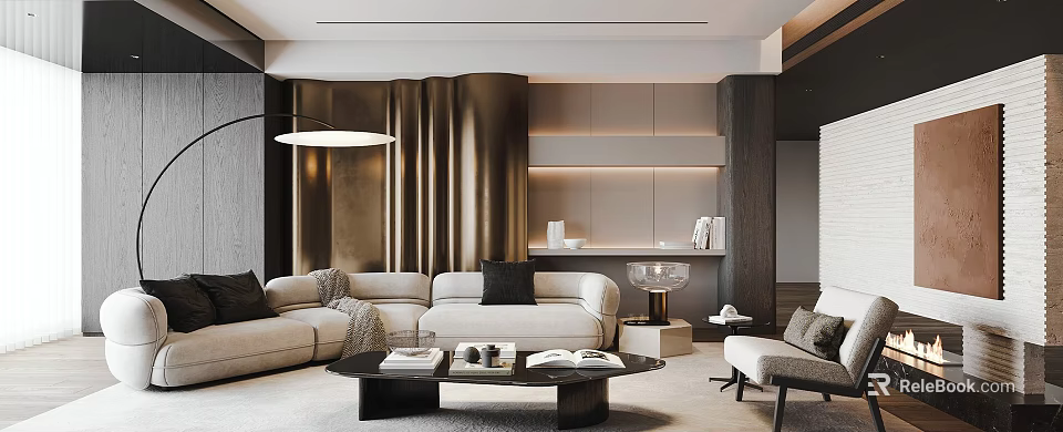 Modern Elegant Living Room With Beige Sofa Black Coffee Table And Golden Curtains 3d model 
