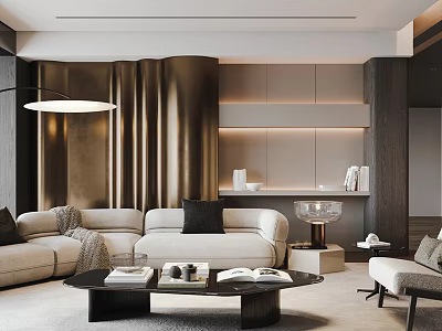 Modern Elegant Living Room With Beige Sofa Black Coffee Table And Golden Curtains 3d model