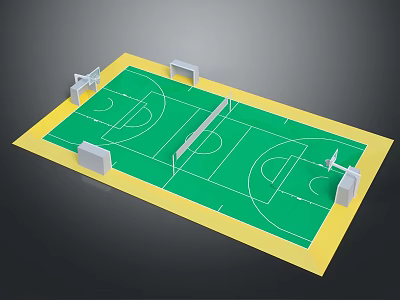 Multi Sport Court With Green Surface Yellow Border Basketball Hoops Soccer Goals And Center Net 3d model