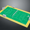 Multi Sport Court With Green Surface Yellow Border Basketball Hoops Soccer Goals And Center Net