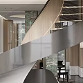 Modern Spiral Staircase Interior With Wooden Panels And Marble Flooring