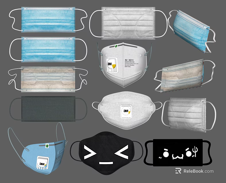 Various Protective Face Masks Including Disposable N95 And Printed Styles 3d model 