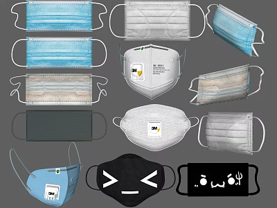 Various Protective Face Masks Including Disposable N95 And Printed Styles 3d model