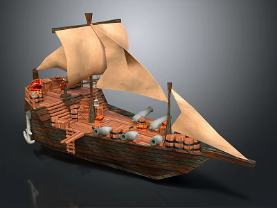 Vintage Sailing Ship With Wooden Hull Beige Sails And Deck Barrels Design 3d model