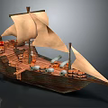 Vintage Sailing Ship With Wooden Hull Beige Sails And Deck Barrels Design