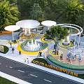 Pocket Park Landscape With Central Fountain Open Pavilions Seating Areas Greenery And People Enjoying
