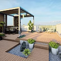 Courtyard Garden Design With Wooden Walkway Stone Decorations Green Plants Palm Tree And Covered Area
