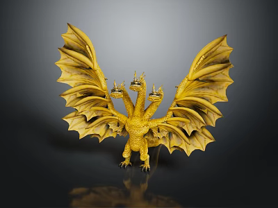 Golden Three Headed Dragon Statue With Detailed Wings And Mythical Design 3d model