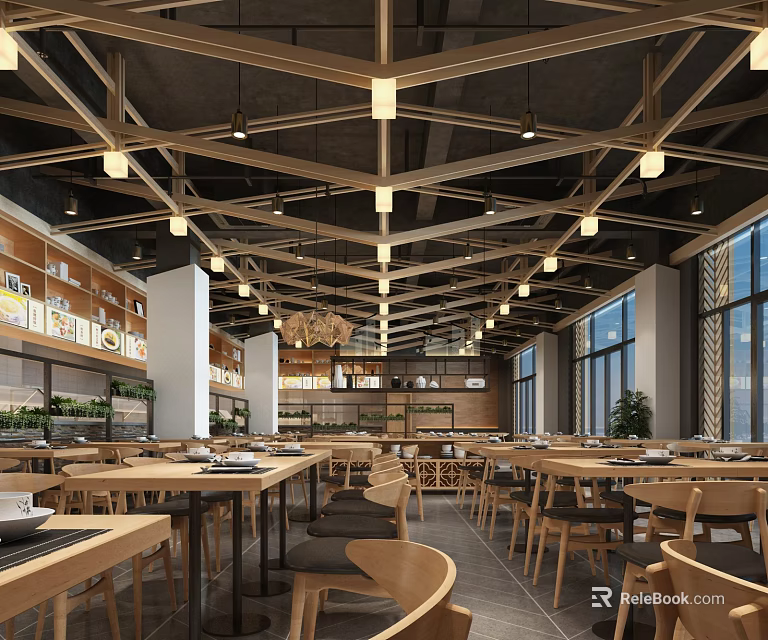 Modern Restaurant Interior With Wooden Ceiling Hanging Lights Wooden Tables And Large Windows 3d model 