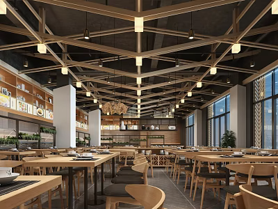 Modern Restaurant Interior With Wooden Ceiling Hanging Lights Wooden Tables And Large Windows 3d model