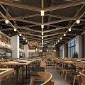 Modern Restaurant Interior With Wooden Ceiling Hanging Lights Wooden Tables And Large Windows