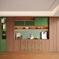 Green And Wooden Sideboard With Tile Backsplash Decorative Items Coffee Machine And Fruits